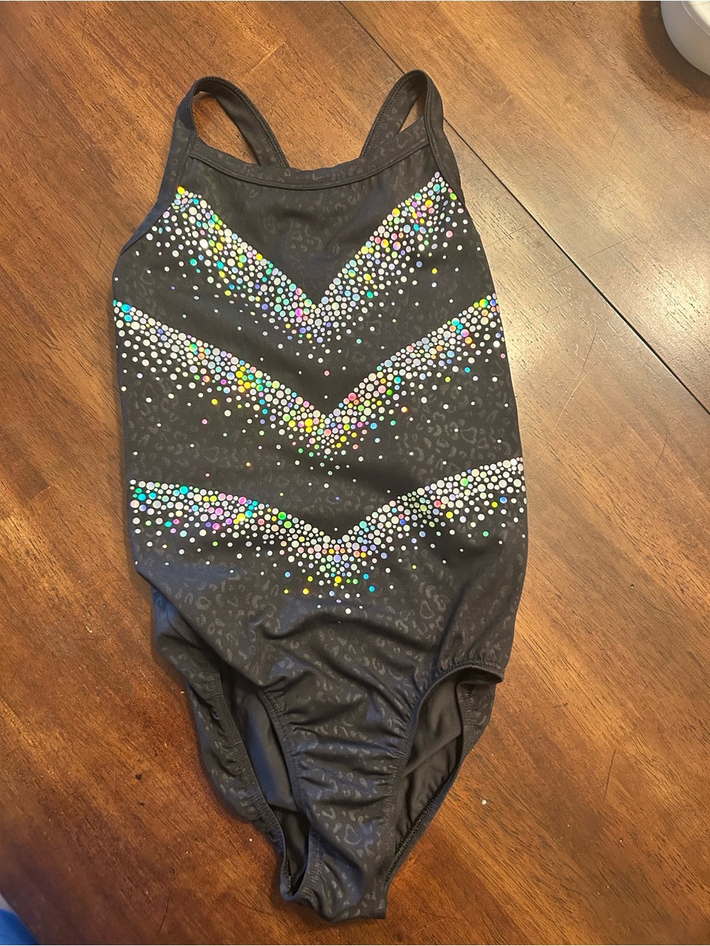 Black Sylvia P leotard with Rainbow Rhinestone Chevron